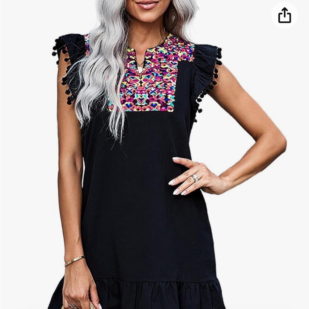 Kirundo Summer Mini Floral Embroidered Ruffle Sleeveless Shift Dress, small